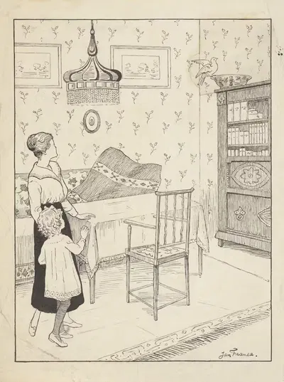 Женщина и девушка, смотрящие на птицу на шкафу by Ян Франсе, 1915-1930 — digital art print download