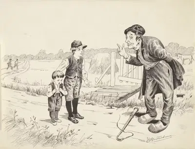 Man gebarend naar twee jongens in een landschap by Johan Georg Gerstenhauer Zimmerman — digital art print download