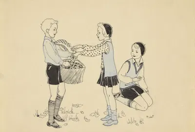 Три ребенка, собирающие желудя by Миеп де Фейтер, 1928-1941 — digital art print download