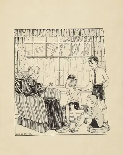 Интерьер с пожилой женщиной и тремя детьми by Миеп де Фейтер, 1928-1941 — digital art print download