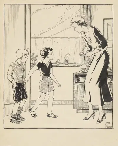 Интерьер с двумя мальчиками и женщиной by Миеп де Фейтер, 1928-1941 — digital art print download