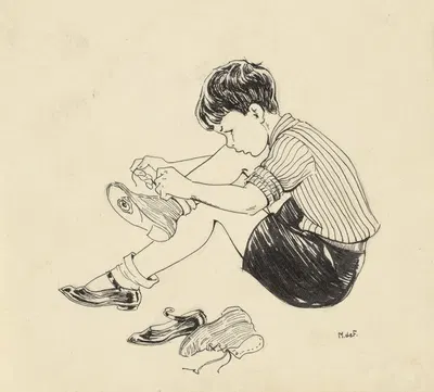 Мальчик, который надевает футбольный ботинок by Миеп де Фейтер, 1928-1941 — digital art print download