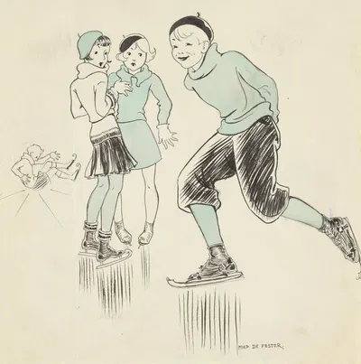 Мальчик на коньках мимо двух девушек by Миеп де Фейтер, 1928-1941 — digital art print download