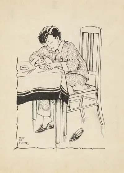 Мальчик, занимающийся рукоделием за столом by Миеп де Фейтер, 1928-1941 — digital art print download