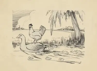 Стоящая курица на спине плавающей утки by Миеп де Фейтер, 1928-1941 — digital art print download