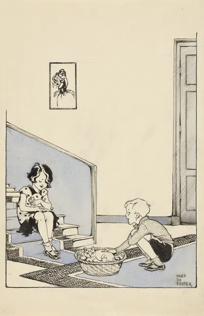 Два ребенка у гнезда с котятами by Миеп де Фейтер, 1928-1941 — digital art print download