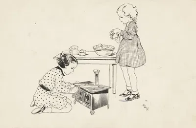 Две девочки играют с игрушечной плитой by Миеп де Фейтер, 1935 — digital art print download