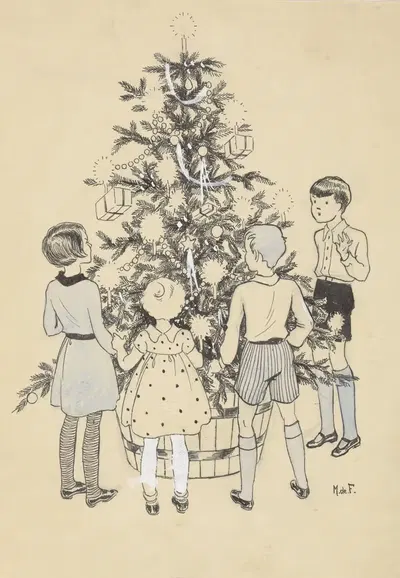 Четыре ребенка вокруг рождественской елки by Миеп де Фейтер, 1928-1941 — digital art print download