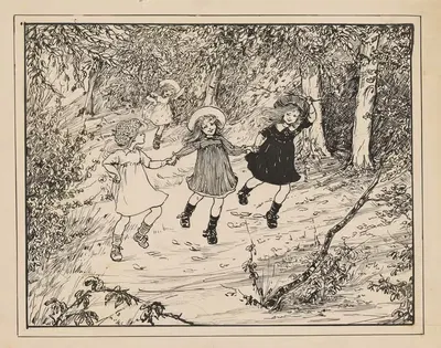 Drie rennende meisjes in een bos by Nelly Spoor — digital art print download