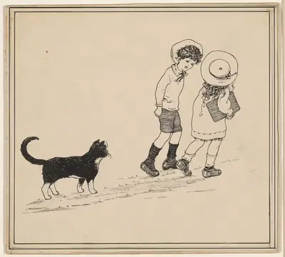Jongen en meisje gevolgd door een kat by Nelly Spoor — digital art print download