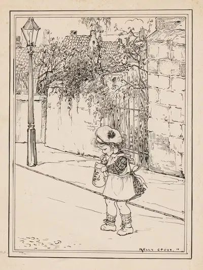 Девочка с кувшином на улице by Нелли Спур, 1918 — digital art print download