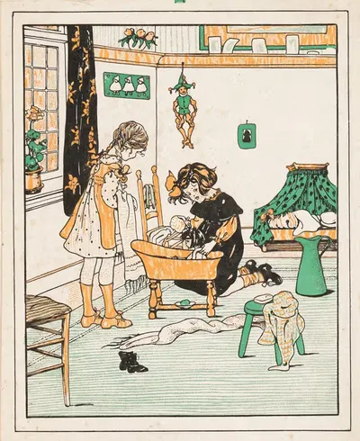 Две девочки купают куклу by Нелли Спур, 1916-1917 — digital art print download