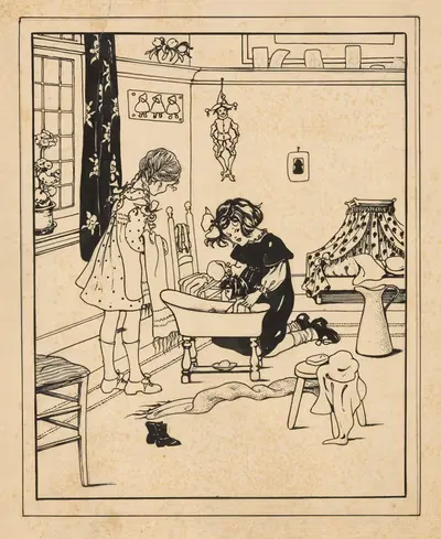 Две девушки купают куклу by Нелли Спур, 1916-1917 — digital art print download