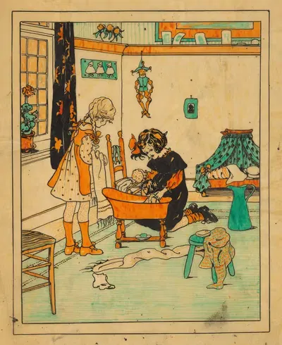Две девушки купают куклу by Нелли Спур, 1916-1917 — digital art print download