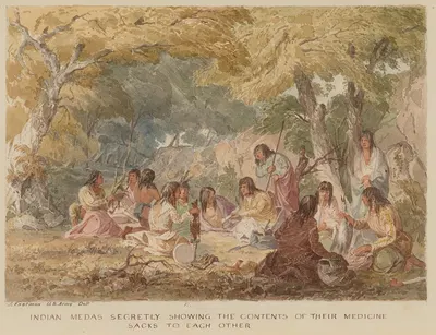 Indian Medas Secretly Showing the Contents of their Medicine Sacks to Each Other by Seth Eastman — digital art print download
