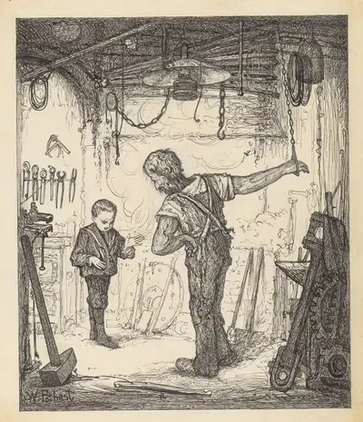 Мальчик и закованный в цепи человек в мастерской by Виллем Потаст, 1887-1916 — digital art print download
