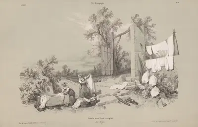 Две женщины и девочка стирают белье на улице by Бернар-Ромен Жюльен, 1848-1853 — digital art print download