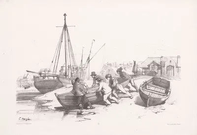 Мужчины толкают лодку с берега в воду by Шарль-Луи Мозен, 1850-1884 — digital art print download