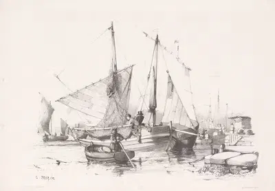 Парусные корабли и лодки у причала by Шарль-Луи Мозен, 1850-1884 — digital art print download