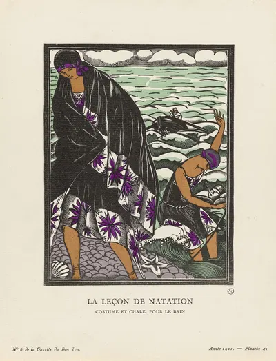 La leçon de natation Costume et chale, pour le bain by Fernand Siméon, 1921 — digital art print download