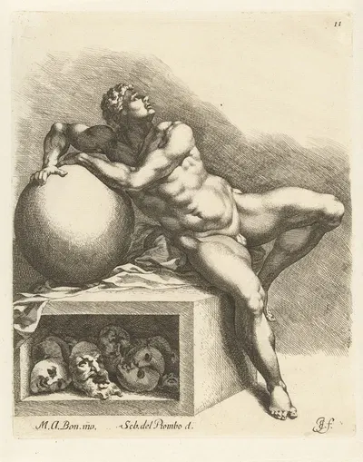 Nude man leaning on a ball by Jan de Bisschop, 1666-1671 — digital art print download