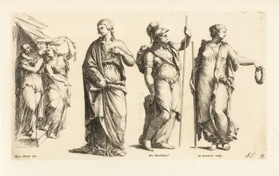 Three female figures and a group with two women and a child by Jan de Bisschop, 1666-1671 — digital art print download