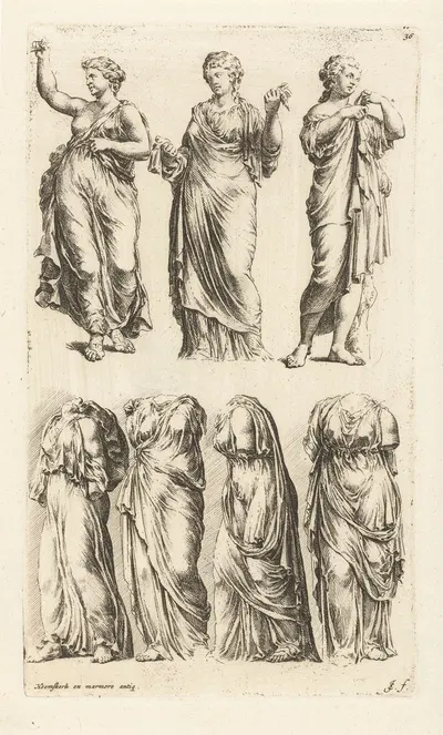 Seven images of women in antique clothing by Jan de Bisschop, 1666-1671 — digital art print download