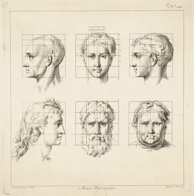 Proportional studies of male heads by Jan Punt, 1747 — digital art print download