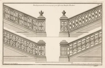 Développement de Serrurerie propre pour differentes Ramples d'Escaliers by Jean François de Neufforge, 1767 — digital art…