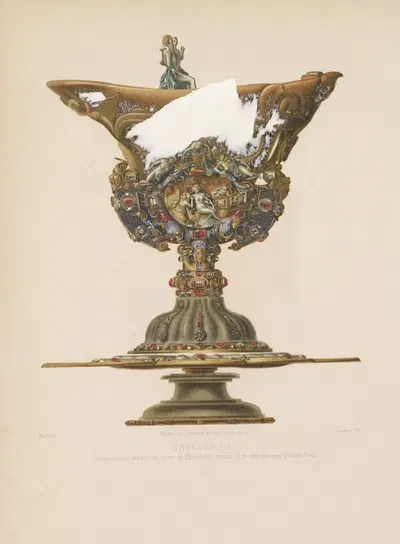 Coupe et son plateau en corne de Rhinocéros montés en or emaillé avec pierres fines by Joseph Rose Lemercier, 1859-1864 —…