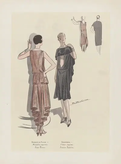 Art – Goût – Beauté – BOUQUETS DE FLEURS. -Mousseline imrpimée. Jean Patou. ; DONATIENNE. – Velours imprimé. Jeanne Lanvin…