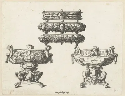 Three trays and two salt containers by René Boyvin, 1542 - 1580 — digital art print download