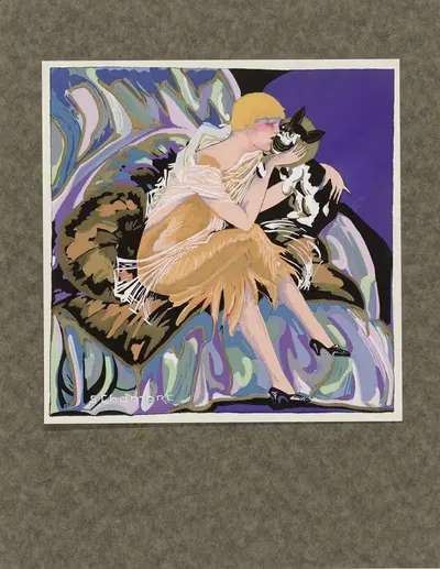 Сидящая женщина с кошкой by С. Шомпре, 1920 — digital art print download