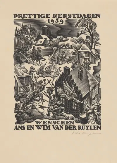 Kerstwens met engelen die tegen het kwaad strijden by Valentin le Campion, 1939 — digital art print download