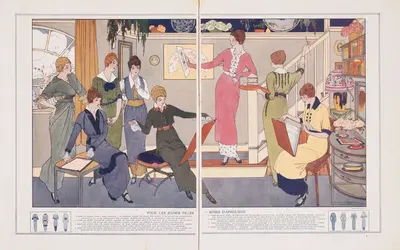 Fémina, La Mode en Couleurs Pour les jeunes filles-Robes d' après mid by Victor Lhuer, 1914 — digital art print download