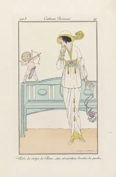 Robe de crêpe de Chine-sac et ceinture brodés de perles by Victor Lhuer, 1913 — digital art print download