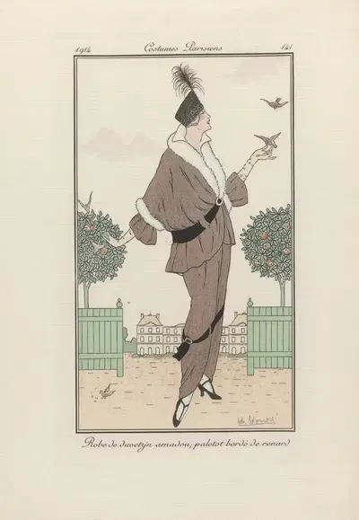 Robe de duvetyn amadou; paletot bordé de renard by Victor Lhuer, 1914 — digital art print download