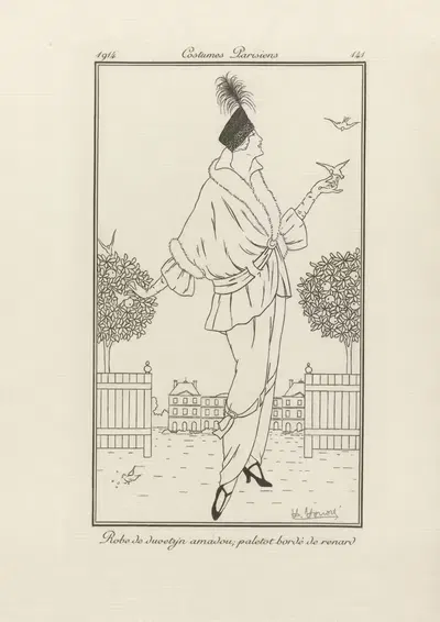 Robe de duvetyn amadou; paletot bordé de renard by Victor Lhuer, 1914 — digital art print download
