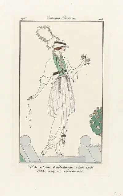 Robe de linon à double tunique de tulle brodé Petite casaque à revers de satin by Victor Lhuer, 1913 — digital art print…