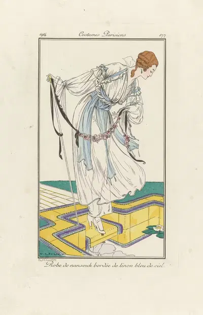 Robe de nansouk bordée de linon bleu de ciel by Victor Lhuer, 1914 — digital art print download