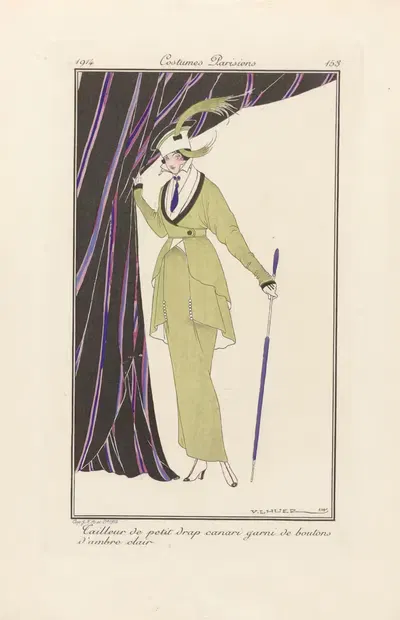 Tailleur de petit drap canari garni de boutons d'ambre clair by Victor Lhuer, 1914 — digital art print download