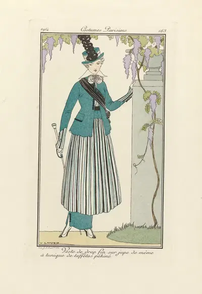 Veste de drap fin sur jupe de même à tunique de taffetas pékiné by Victor Lhuer, 1914 — digital art print download
