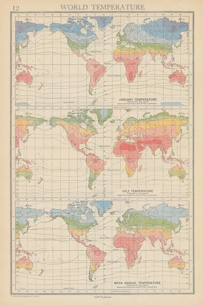 World Temperature January and July Mean Annual Temperature by John George Bartholomew, 1942 — digital art print download
