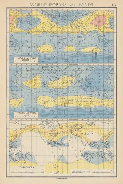 World Isobars and Winds January and July Storm Tracks by John George Bartholomew, 1942 — digital art print download