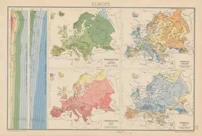 Europe, Temperature, Rainfall by John George Bartholomew, 1942 — digital art print download