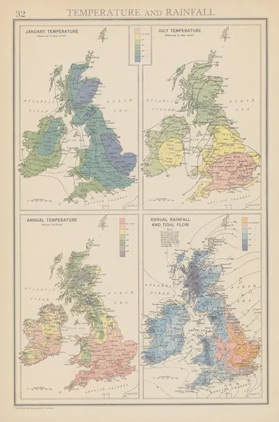British Isles Temperature, Rainfall by John George Bartholomew, 1942 — digital art print download