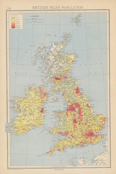 British Isles, Population by John George Bartholomew, 1942 — digital art print download