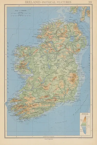 Ireland – Physical Features by John George Bartholomew, 1942 — digital art print download