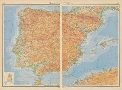 Spain and Portugal by John George Bartholomew, 1942 — digital art print download