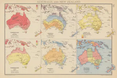 Australia and New Zealand Temperature, Rainfall by John George Bartholomew, 1942 — digital art print download